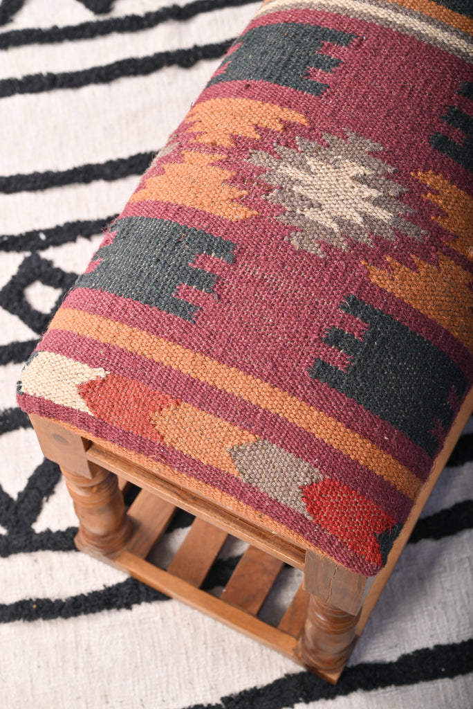 Stylish Hand Woven Kilim Bench with Single Shelf : Add Charm and Functionality to Your Space | Fast UK Delivery
