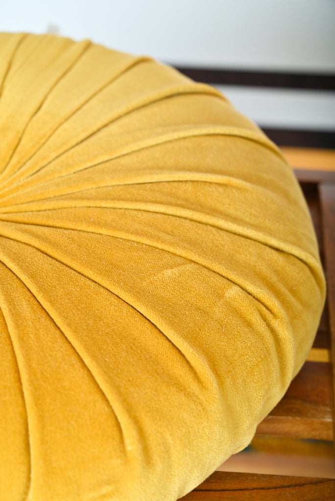 Mustard Round Ruched Cotton Velvet Cushion