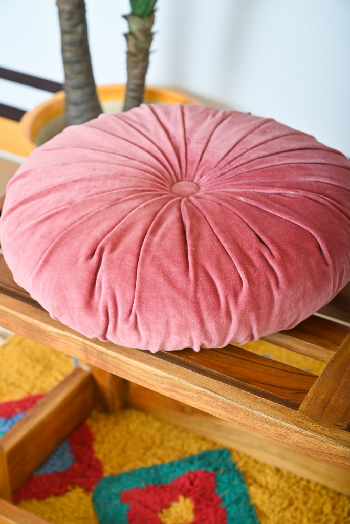 Pink Round Ruched Cotton Velvet Cushion