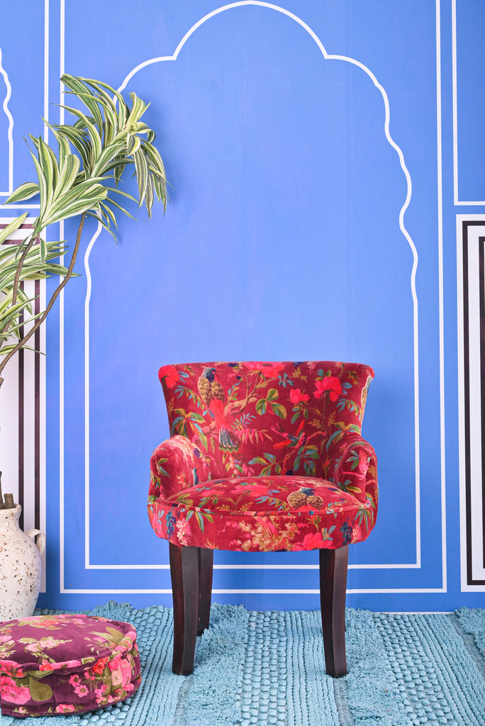"Vibrant Red Bird of Paradise Printed Cotton Velvet Compact Armchair: Add a Pop of Color and Style to Your Living Space