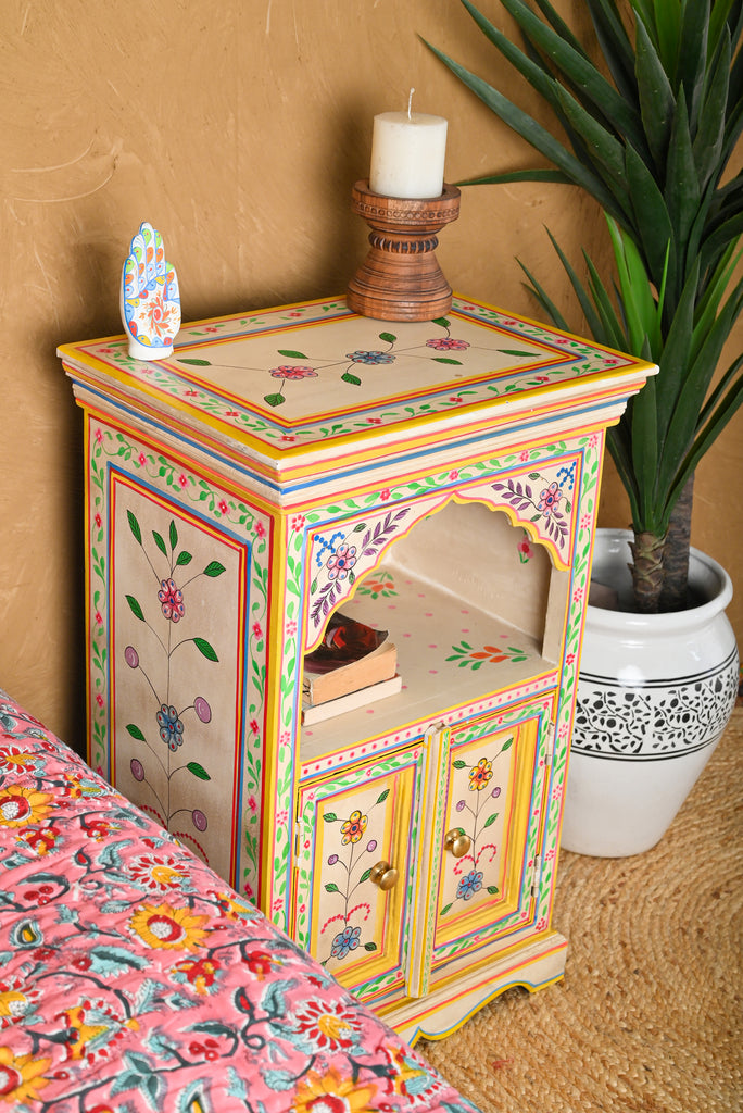Yellow & Off White Hand Painted Bedside Table