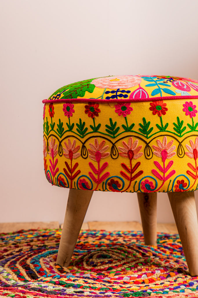 Yellow Embroidered Floral Cotton FootStool