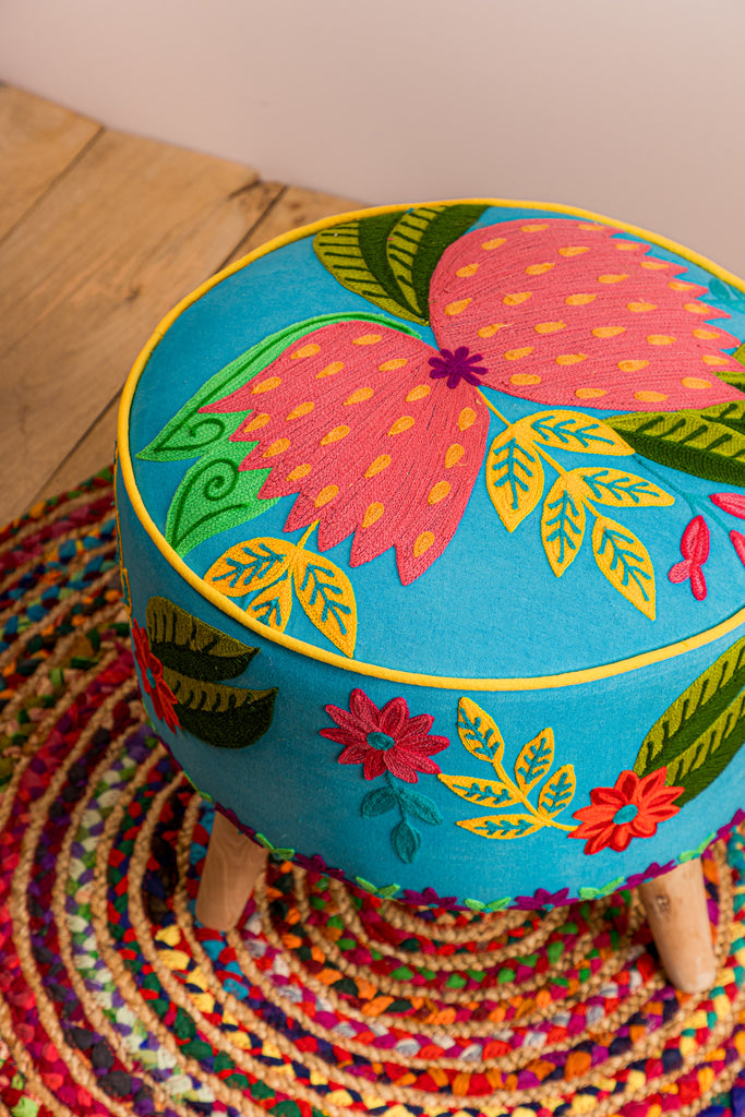 Blue Embroidered Floral Cotton FootStool
