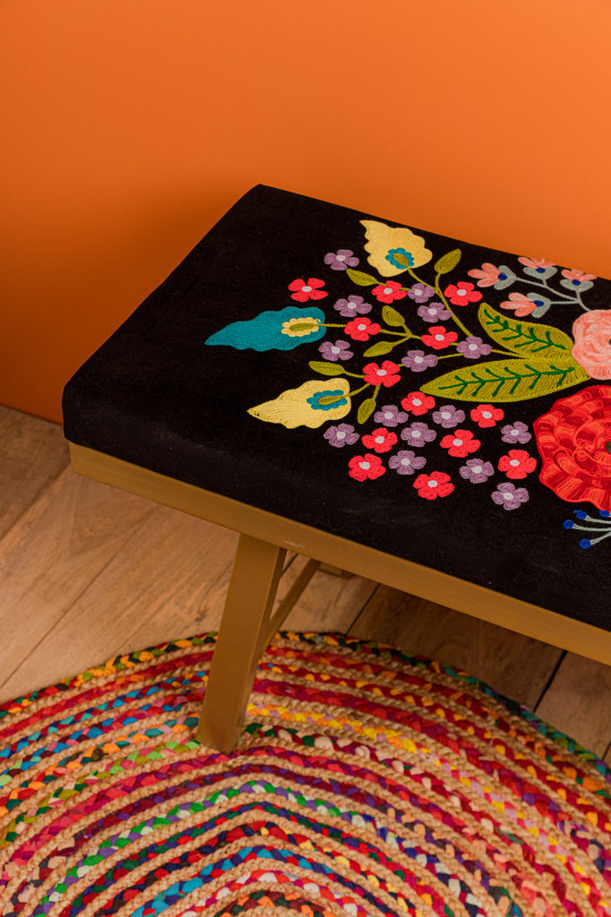 Black Embroidered Floral Bench with Iron Legs