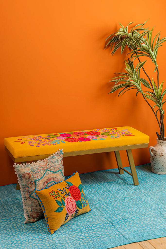Yellow Embroidered Floral Bench with Iron Legs