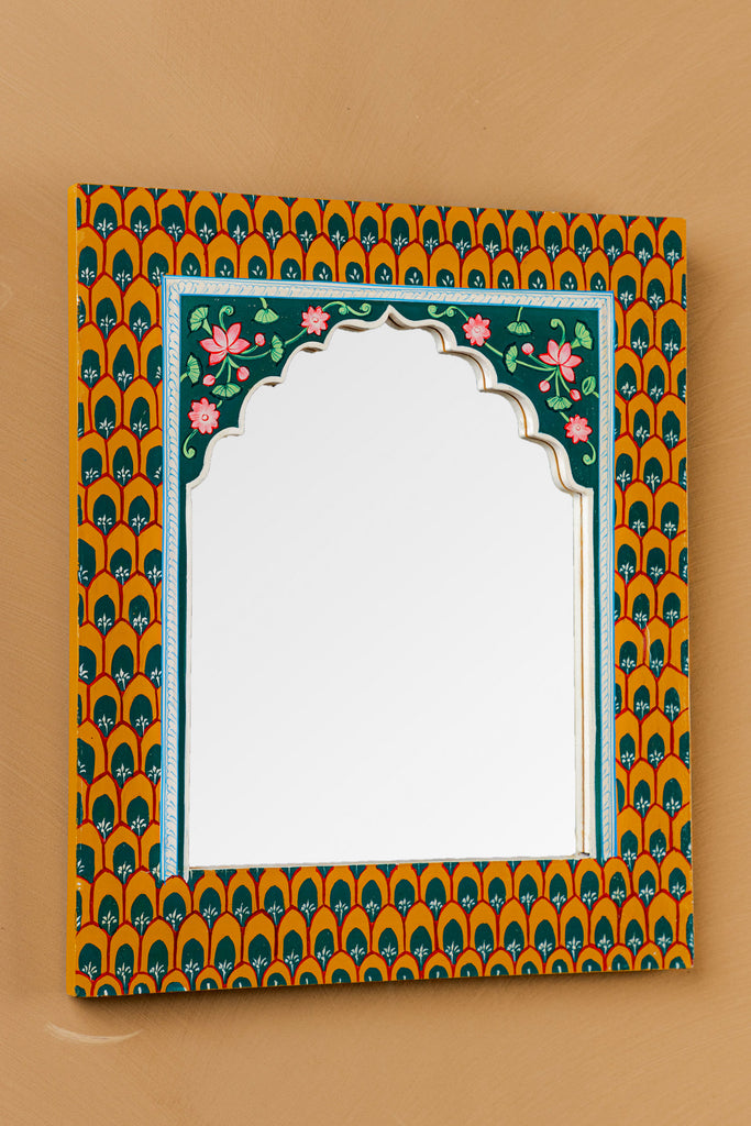 Lotus Hand Painted Mandir Wooden Mirror