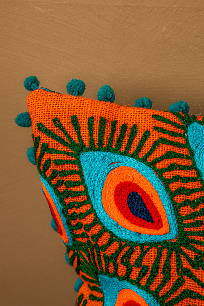 Orange Peacock Embroidered Cotton  Cushion Cover