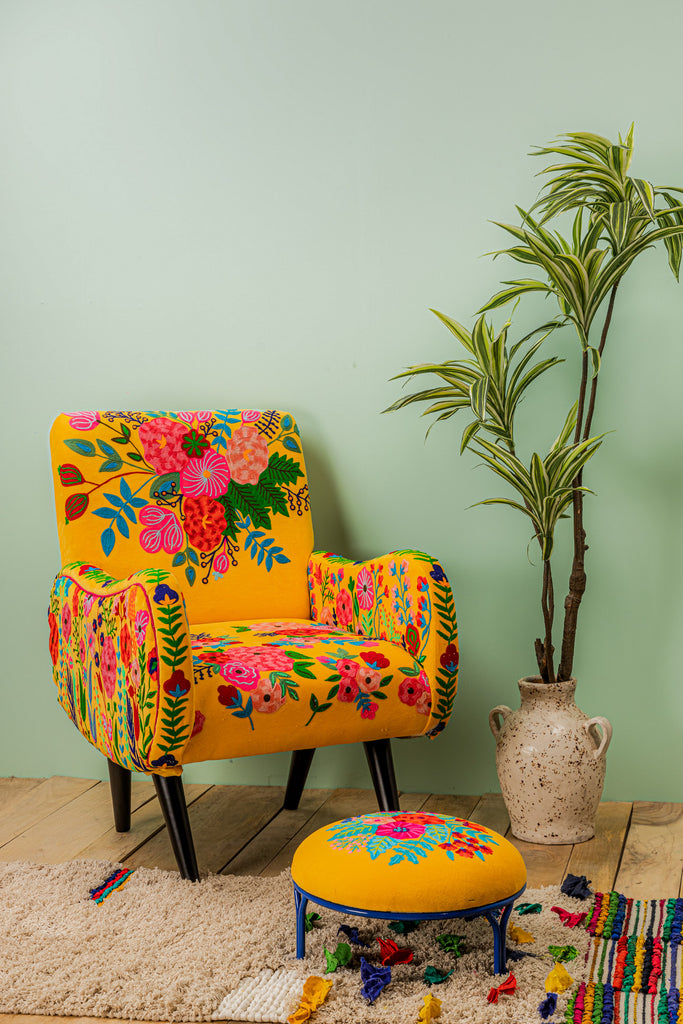 Yellow Floral Embroidered  Velvet Armchair