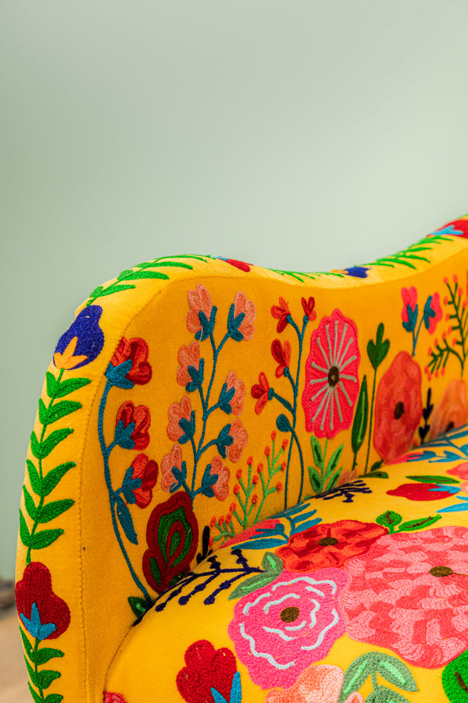 Yellow Floral Embroidered  Velvet Armchair