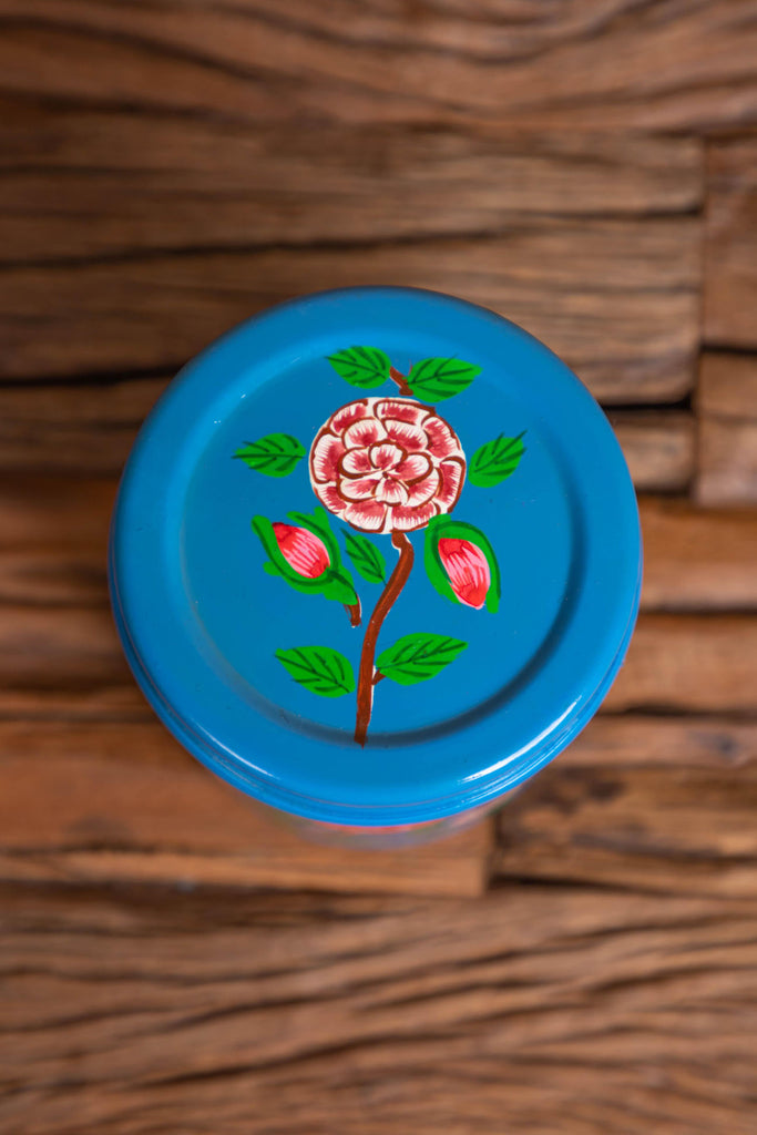 Hand Painted Floral Blue Stainless Steel Canister