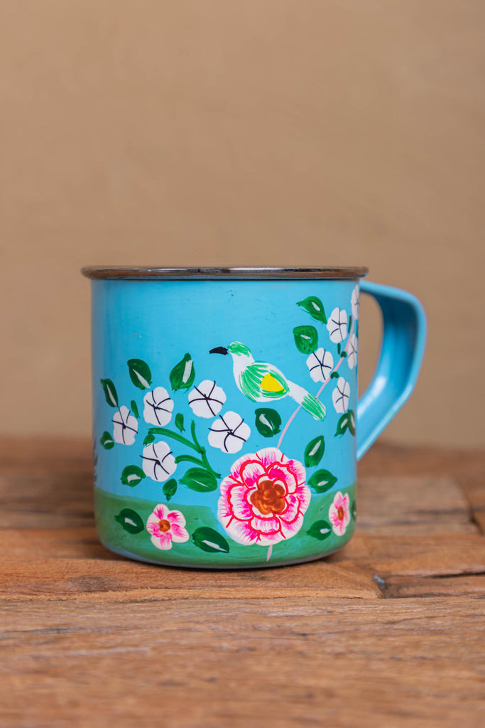 Hand Painted Sky Blue Floral Stainless Steel Mug