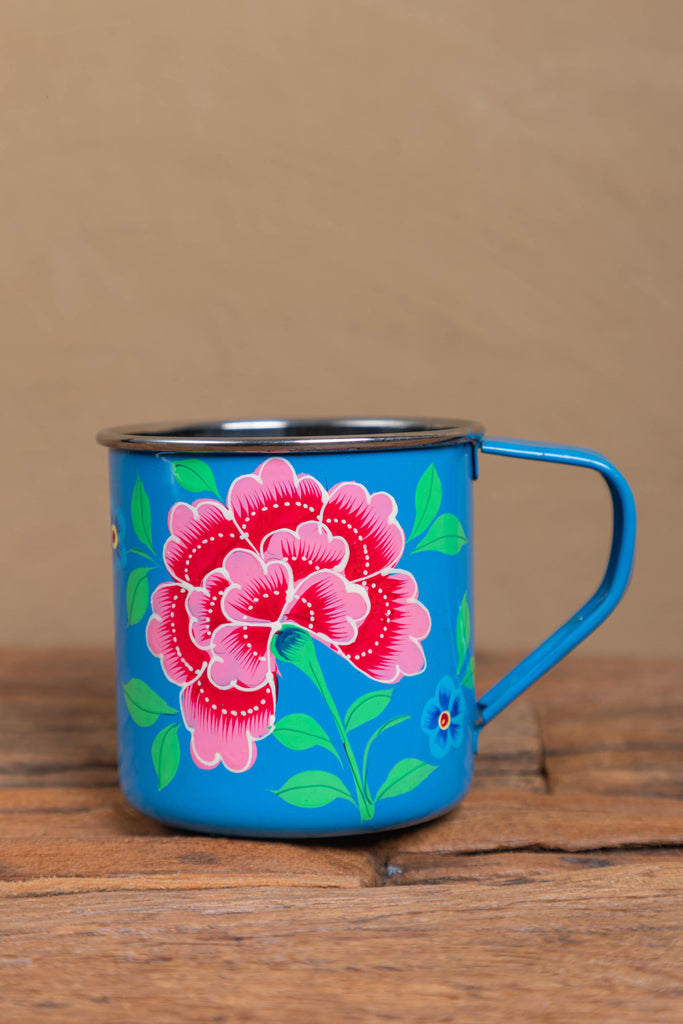 Hand Painted Smoke Blue Floral Stainless Steel Mug
