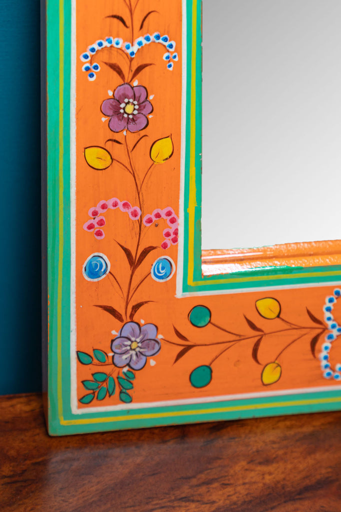 Orange Hand Painted Mandir Wooden Mirror