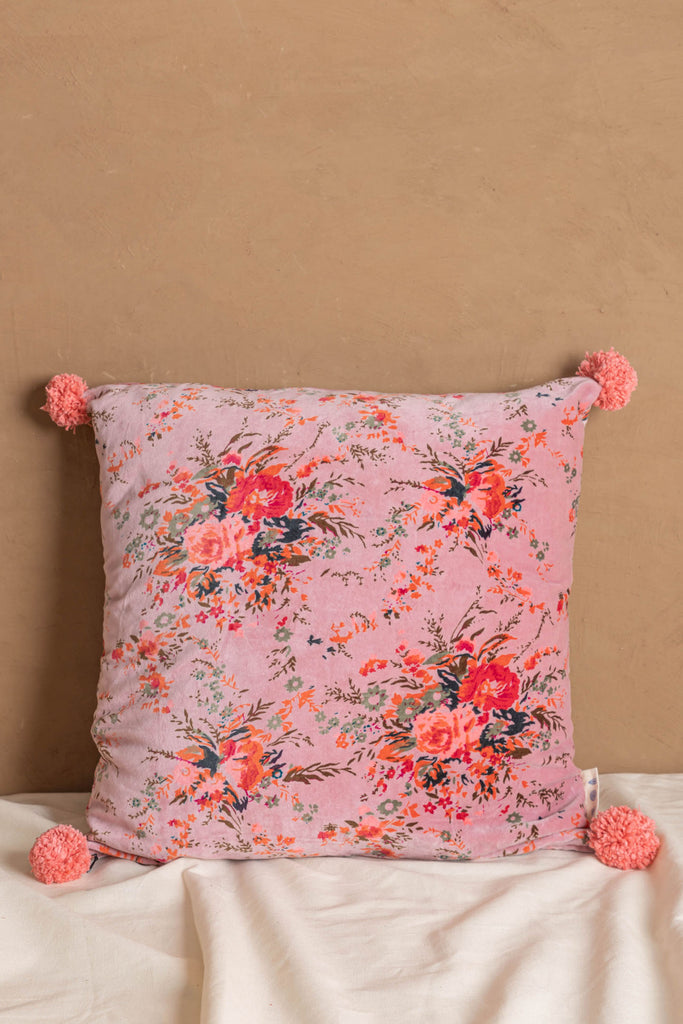 Pink Floral Cotton Velvet Printed Cushion Cover