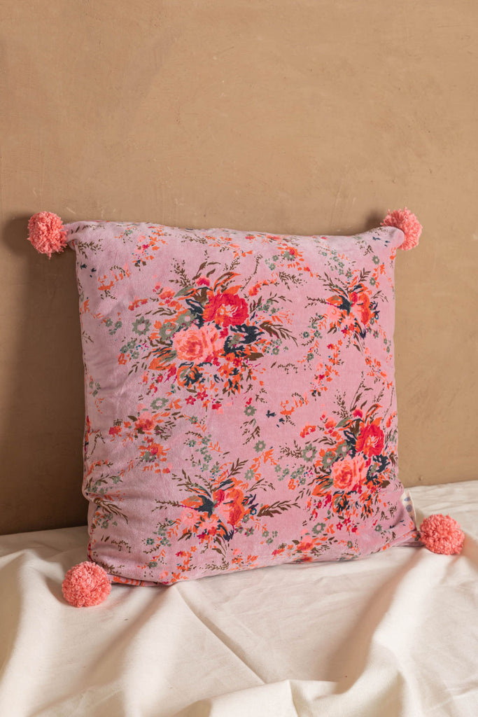 Pink Floral Cotton Velvet Printed Cushion Cover