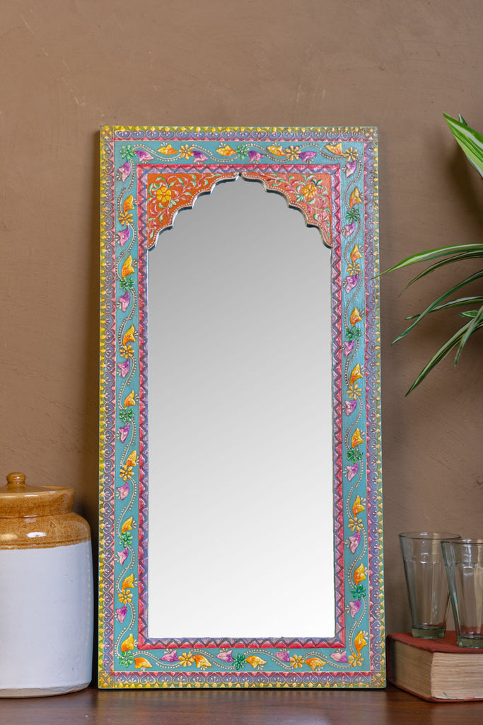 Turquoise Arched Wooden Mirror with Antique Finish
