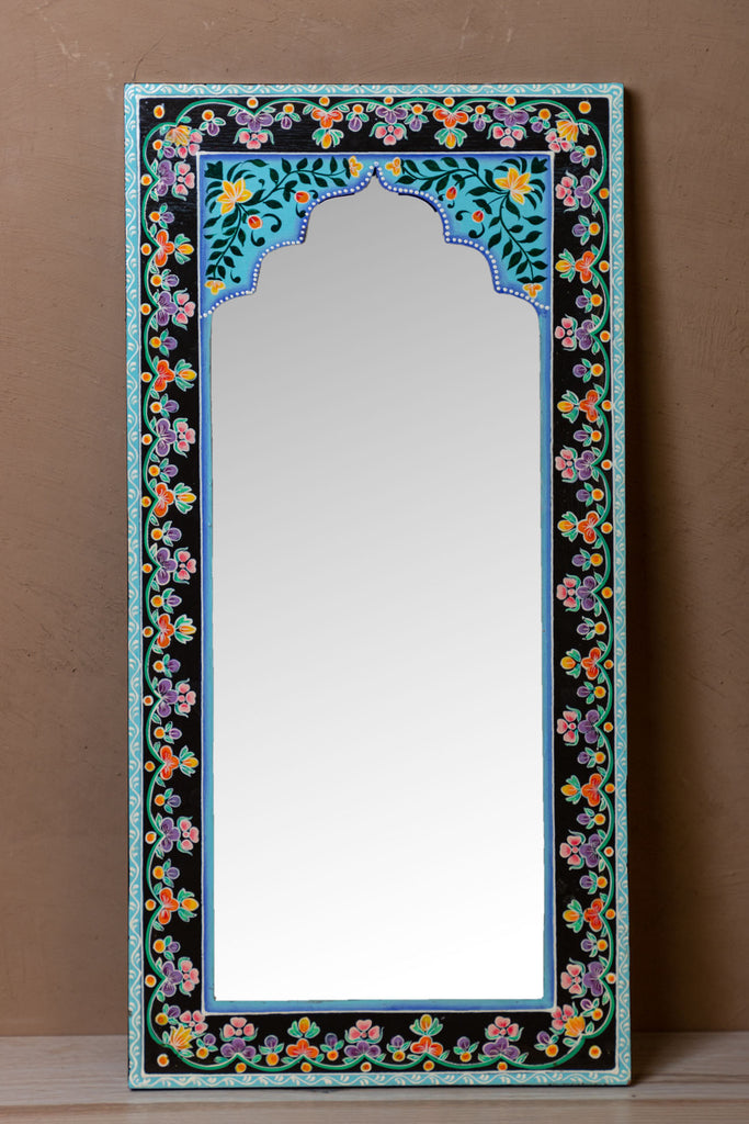 Black Mandir Wooden Mirror with Mehandi Work