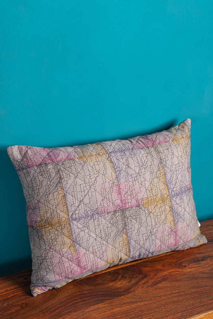 Baby Pink-Yellow Recycled Saree Cushion Cover