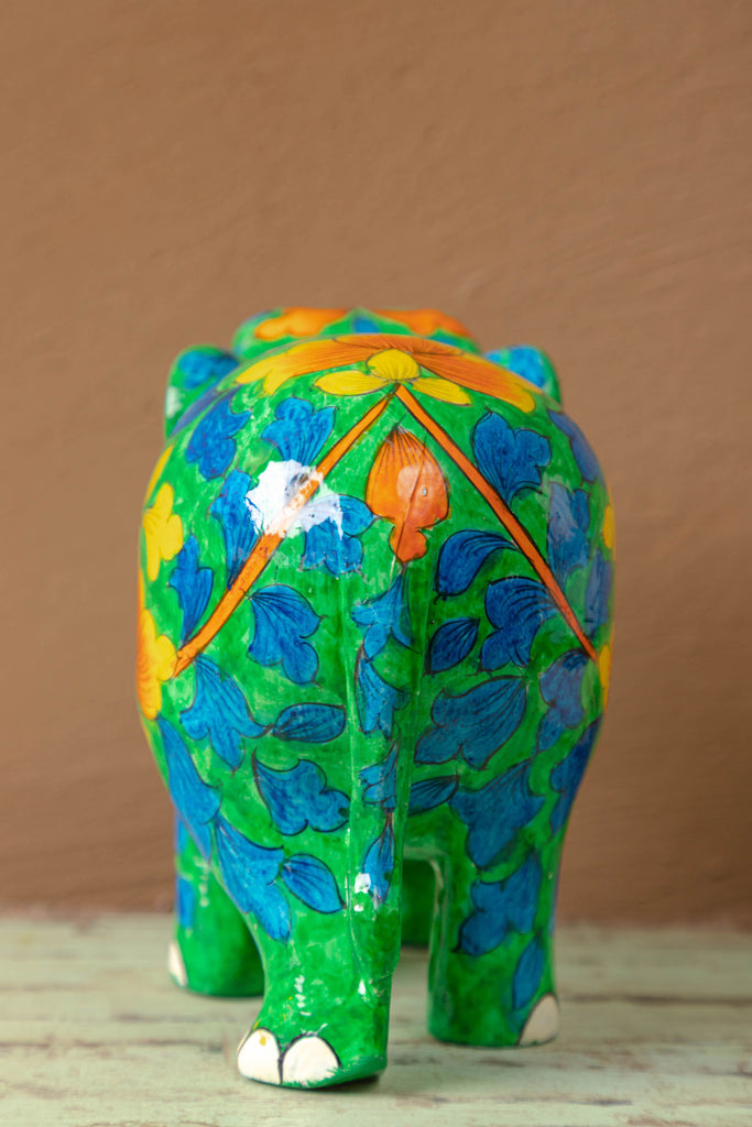 Green Wooden Elephant with Blue Pottery Work