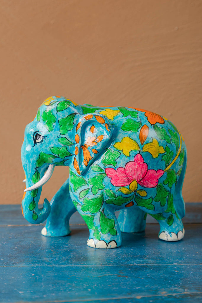 Turquoise Wooden Elephant with Blue Pottery Work