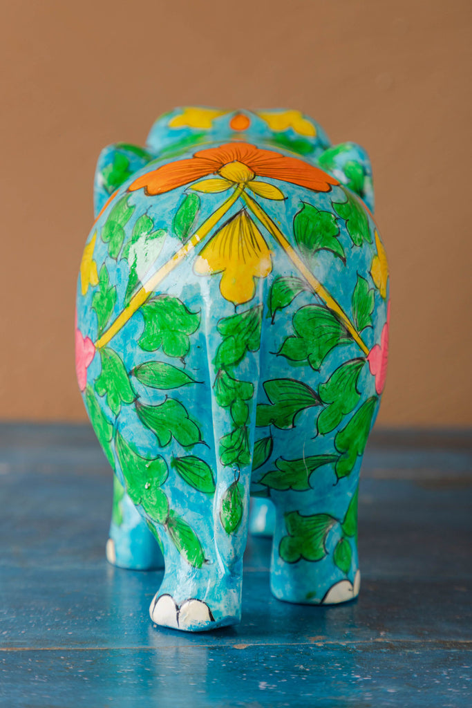Turquoise Wooden Elephant with Blue Pottery Work
