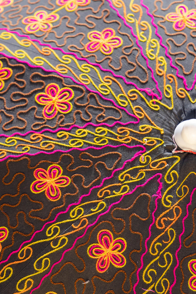 Black Hand Embroidered Cotton Garden Umbrella