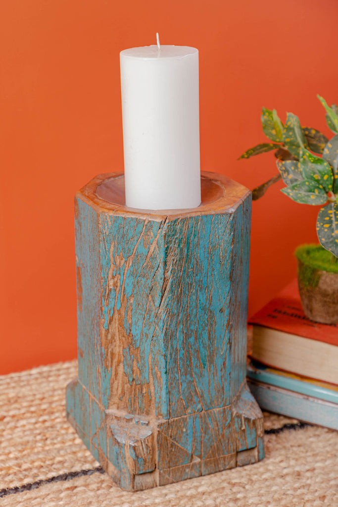 Rustic Blue Vintage Pillar Candle Stand