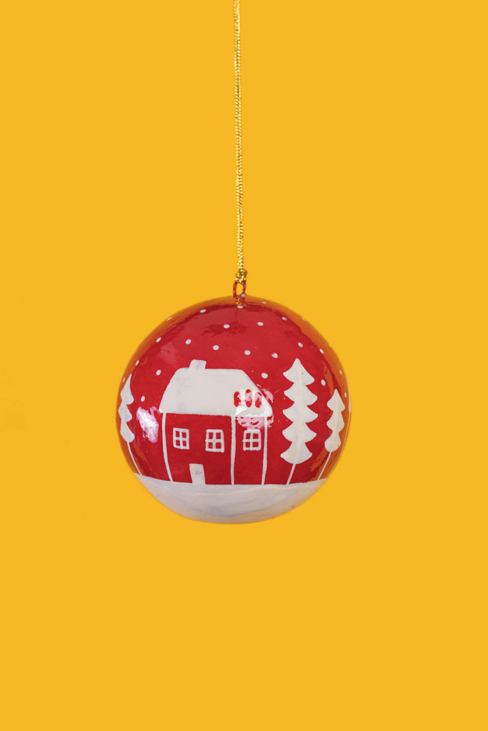 White & Red Christmas Bauble With Painted Hut | Birch&Yarn