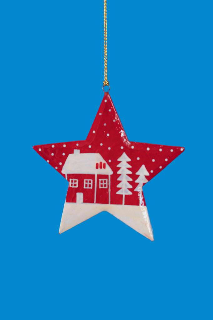 Hand Painted Hut White & Red Christmas Hanging Star | Birch&Yarn