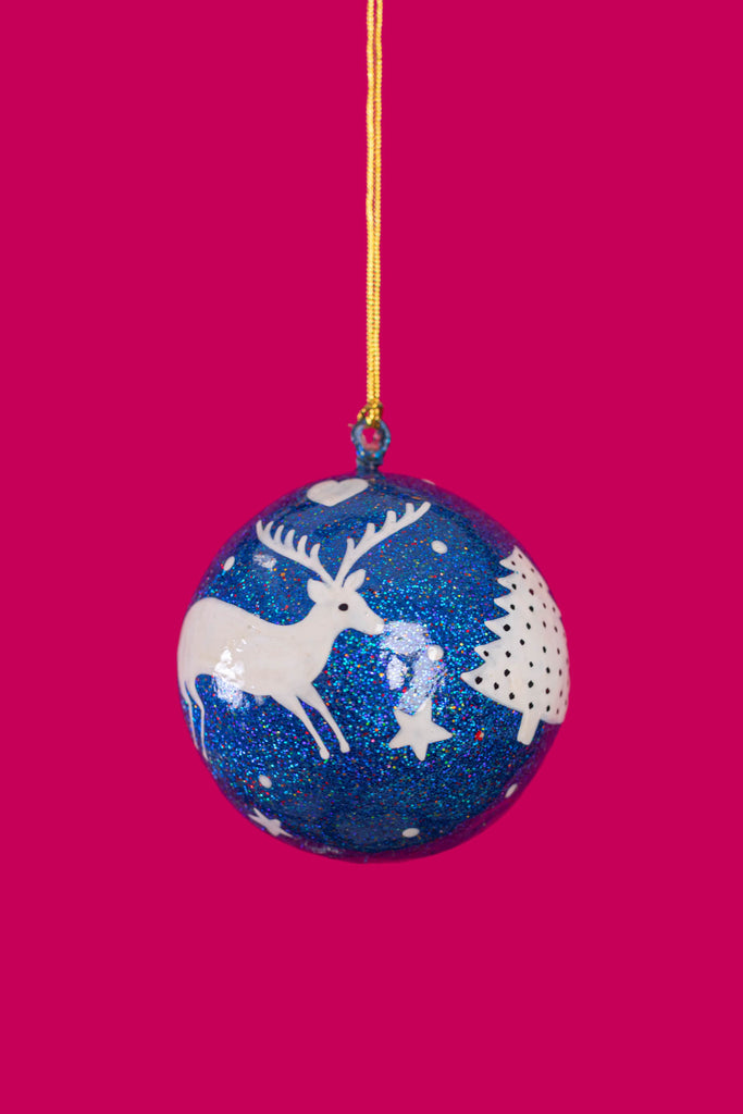 Hand Painted Reindeer Glitter Blue Christmas Bauble | Birch&Yarn