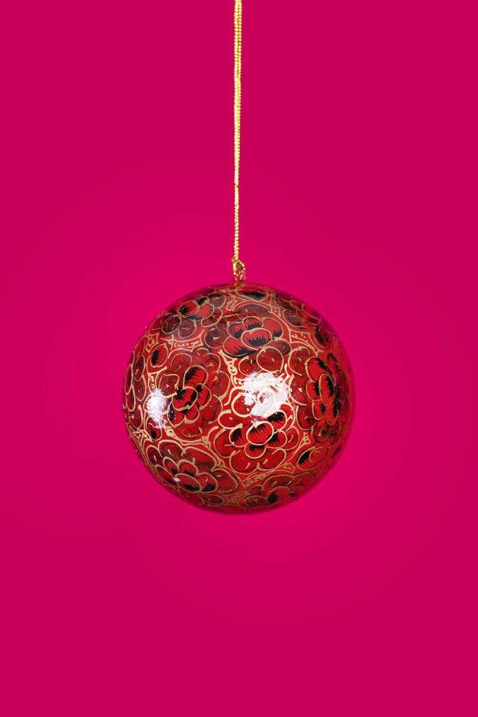 Hand Painted Floral Gold & Red Christmas Bauble | Birch&Yarn