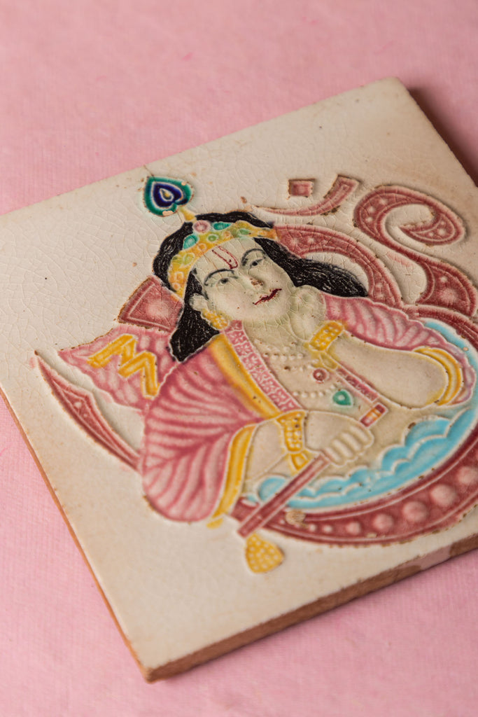 Lord Krishna Hand Carved Vintage Ceramic Tile 
