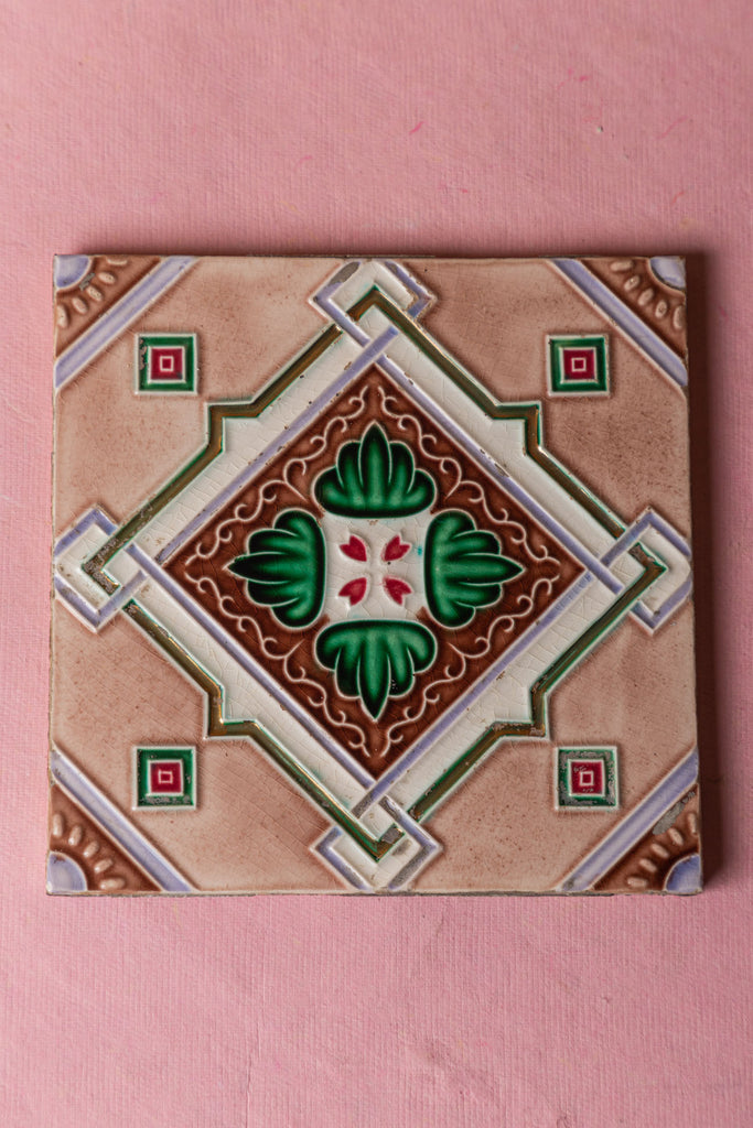Cream Rangoli Printed Vintage Ceramic Tile