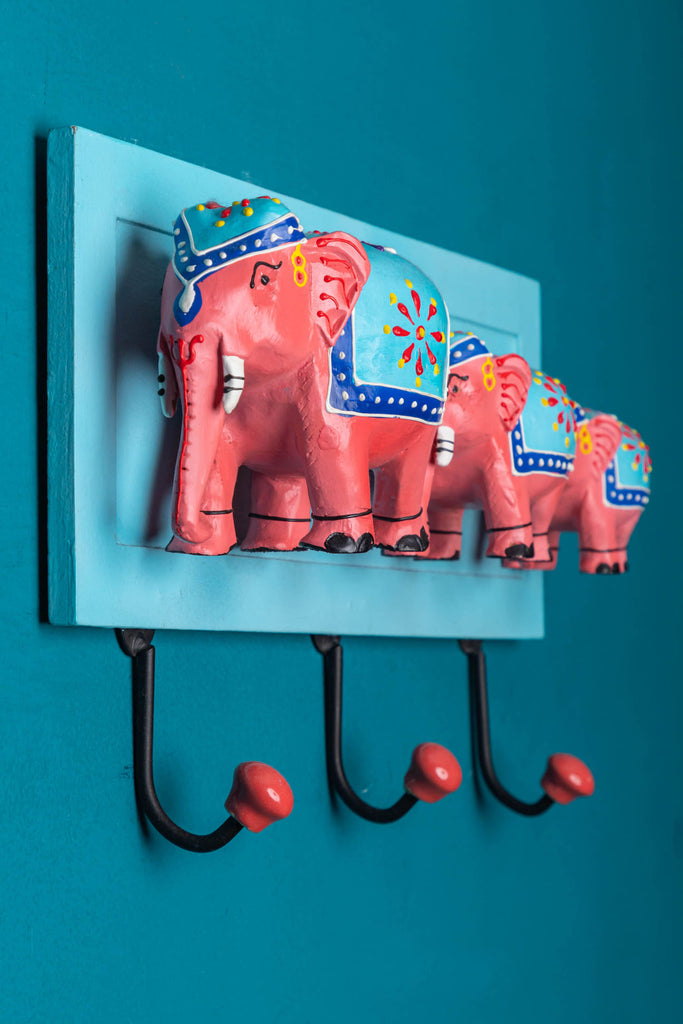 Blue Hand Painted 3 Elephants Board Hanger