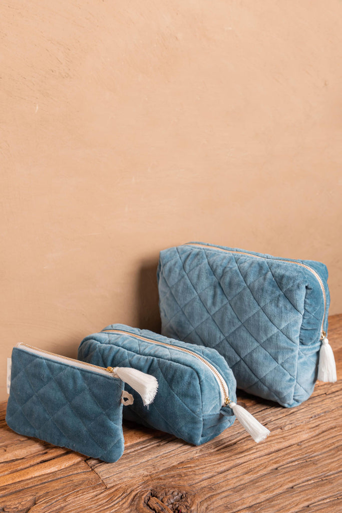 Smoke Blue Quilted Cotton Velvet Carry Clutch