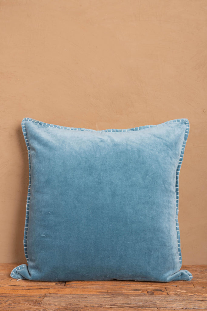 Smoke Blue Cotton Velvet Feston Stitch Cushion Cover