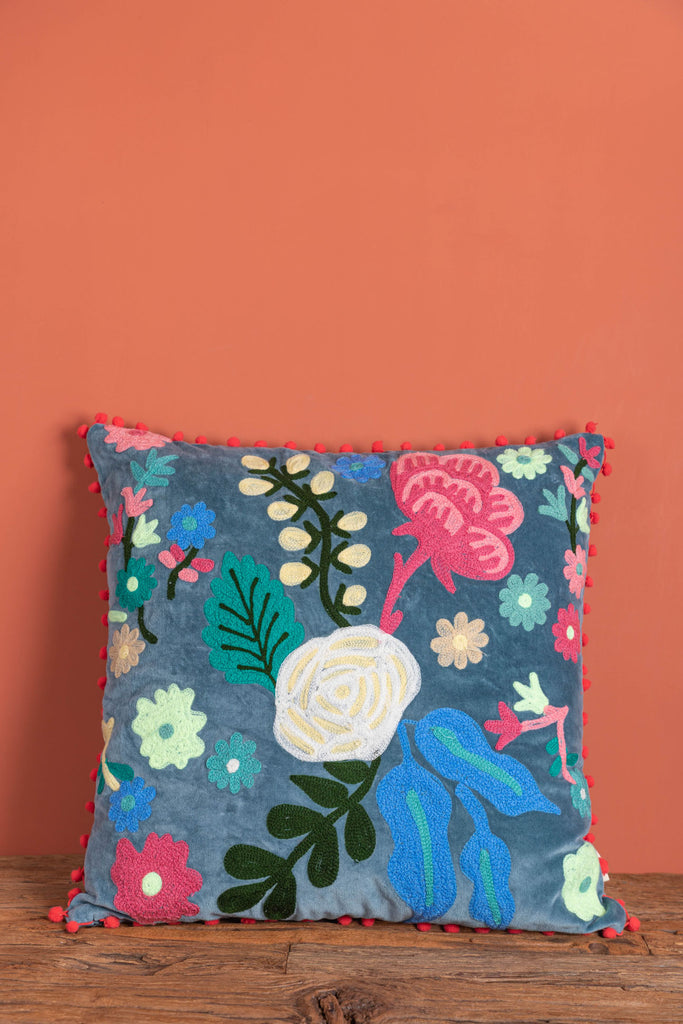 Smoke Blue Floral Embroidered Cotton Velvet Cushion Cover