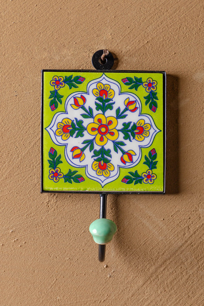 Green Floral Pottery Ceramic Tile Hook