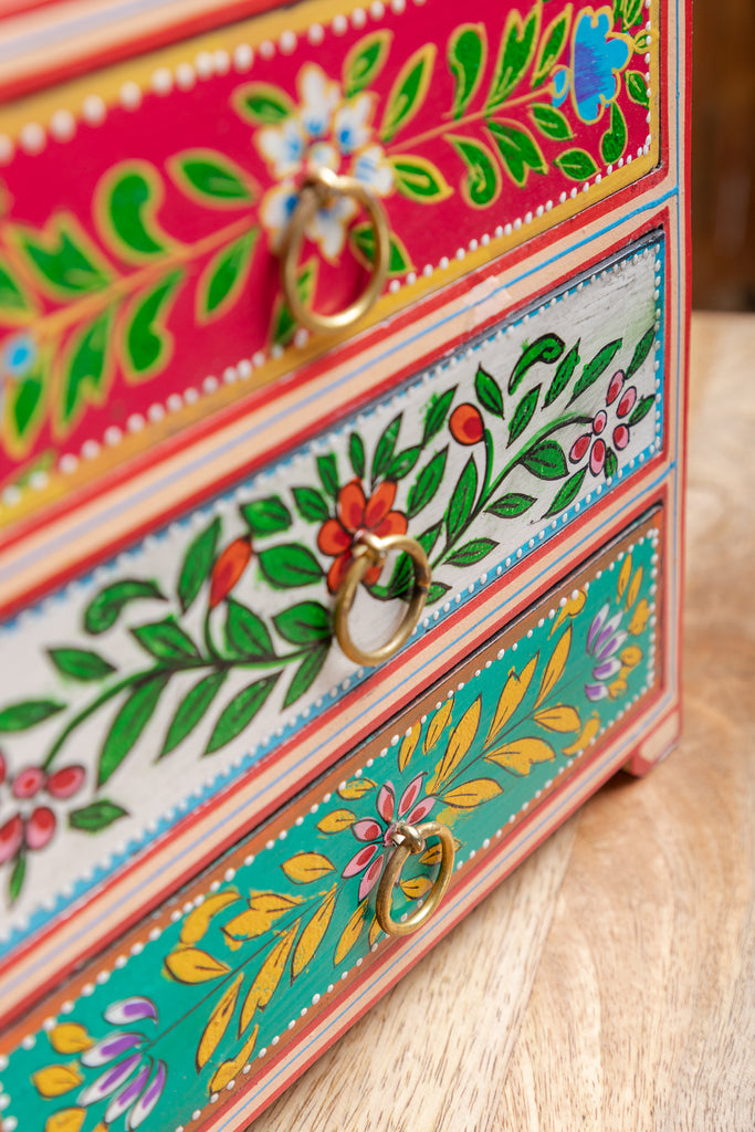 Traditional Floral Hand Painted Wooden Chest with 3 Drawers - Timeless Elegance and Functional Storage