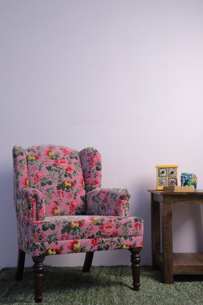 Baby Pink Floral Printed Embroidered Velvet Armchair
