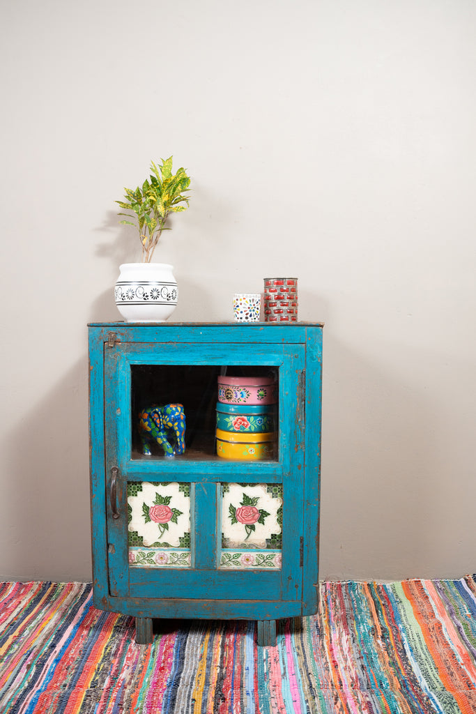 Blue Vintage Wooden Side Cupboard - W:52cm D:32cm H:73cm