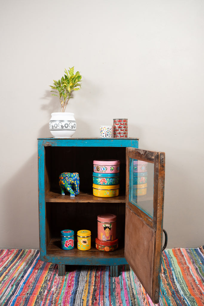 Blue Vintage Wooden Side Cupboard - W:52cm D:32cm H:73cm