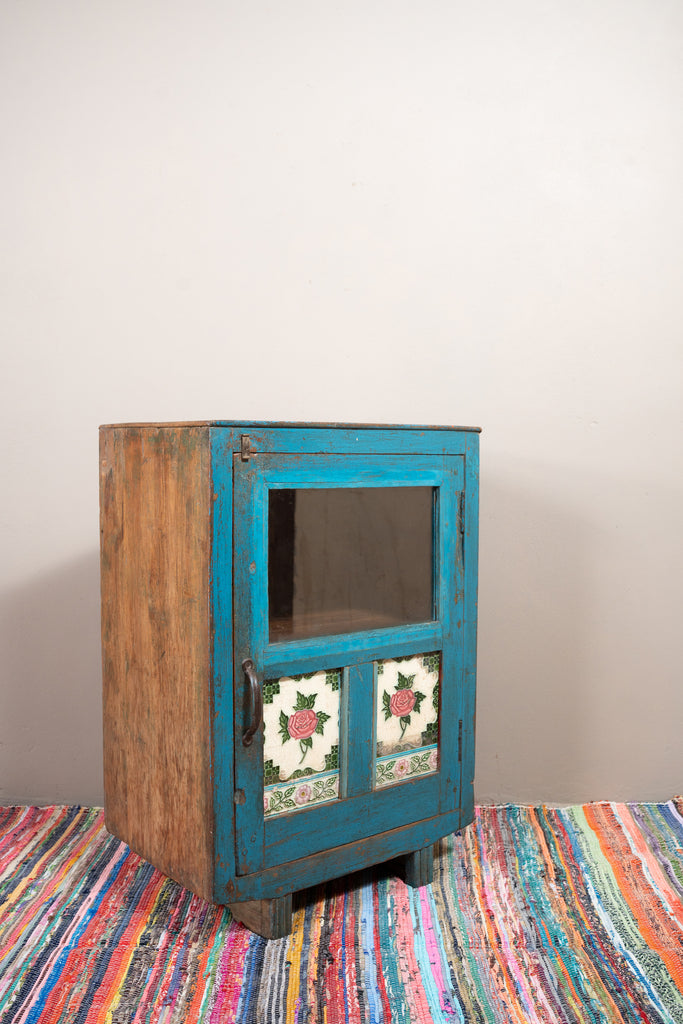 Blue Vintage Wooden Side Cupboard - W:52cm D:32cm H:73cm