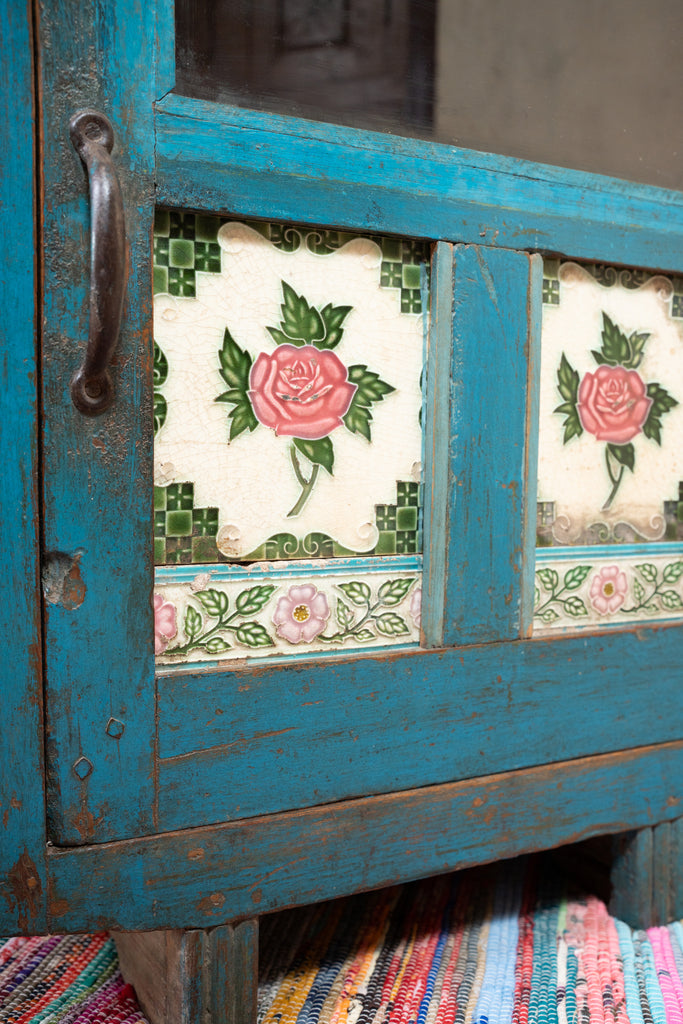 Blue Vintage Wooden Side Cupboard - W:52cm D:32cm H:73cm