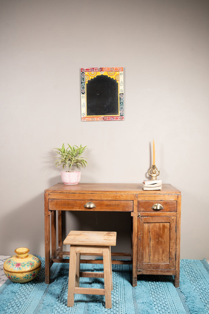 Brown Vintage2 Drawers  Wooden Study Table - W:105cm D:52cm H:76cm