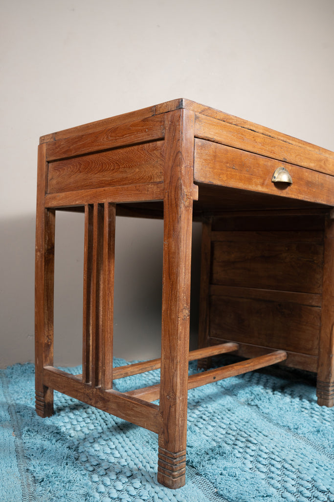 Brown Vintage2 Drawers  Wooden Study Table - W:105cm D:52cm H:76cm