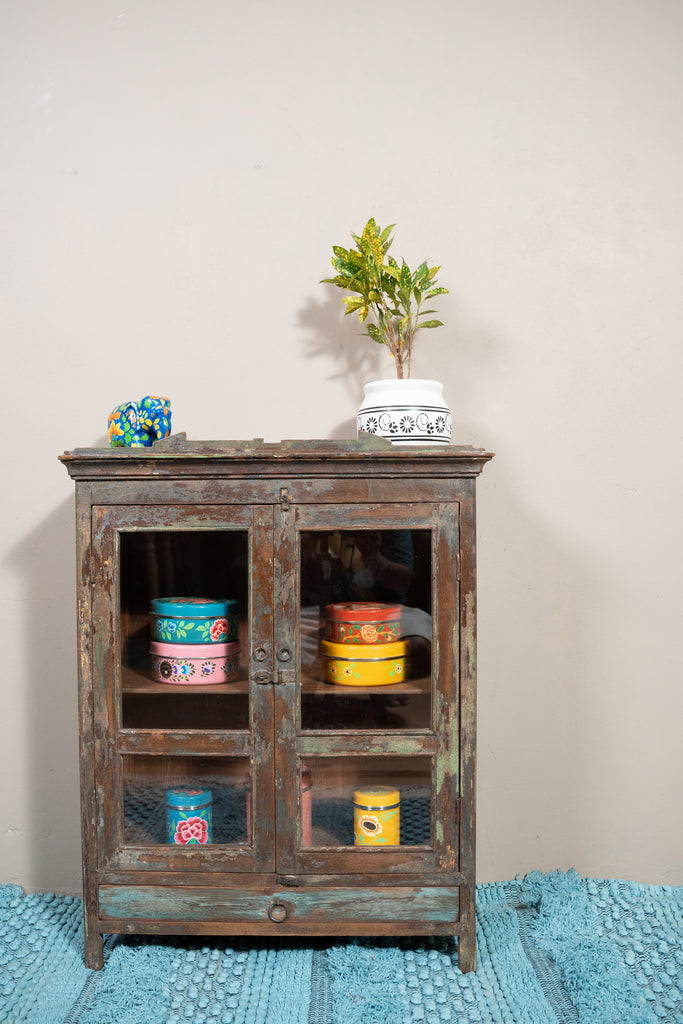 Natural & Green Tone Vintage Wooden Mini Cabinet  - W:66cm D:29cm H:82cm