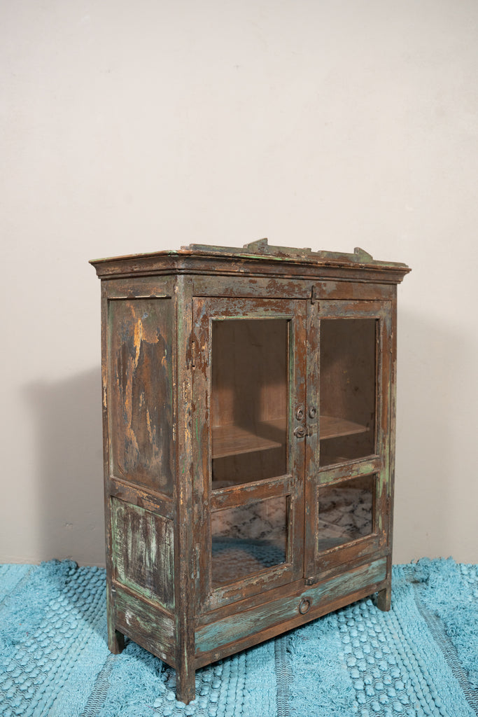 Natural & Green Tone Vintage Wooden Mini Cabinet  - W:66cm D:29cm H:82cm