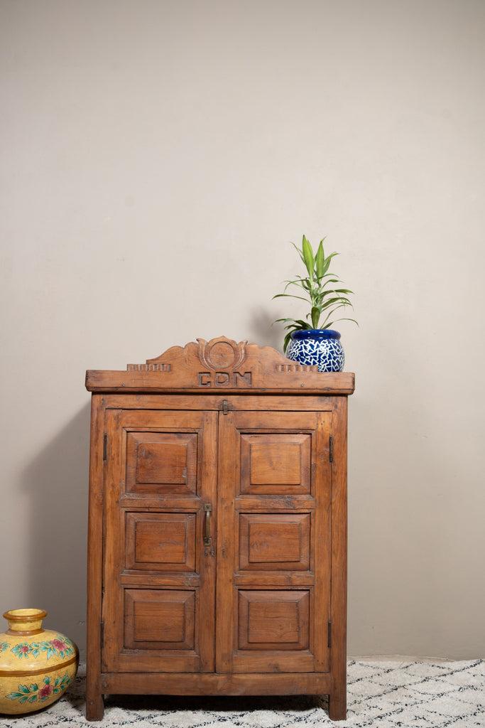 Brown Vintage 2 Door Teak Wooden Cabinet - W:73cm D:42cm H:103cm