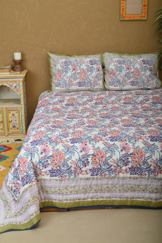 Pistachio & White Floral Reversible Cotton Quilt - Serene Elegance for Your Bedroom